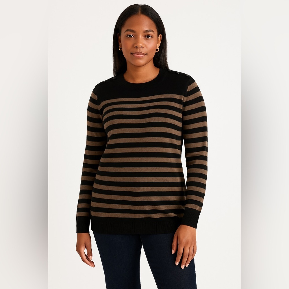 Fenn Wright Manson Merino Wool Striped Sweater Black Brown Neutral Work‎ Basics